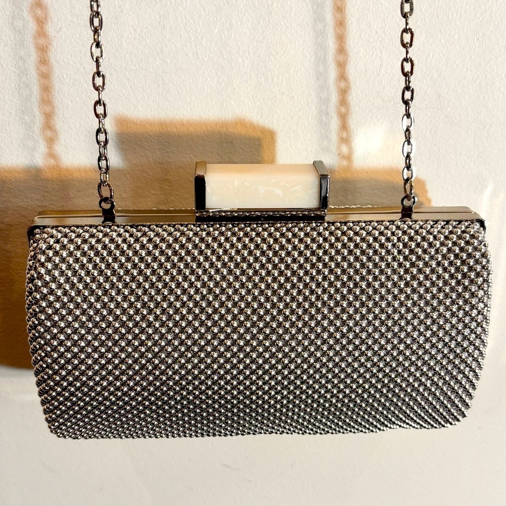JESSICA MCCLINTOCK Silver Metallic Clutch Crossbody Bag Studded Look